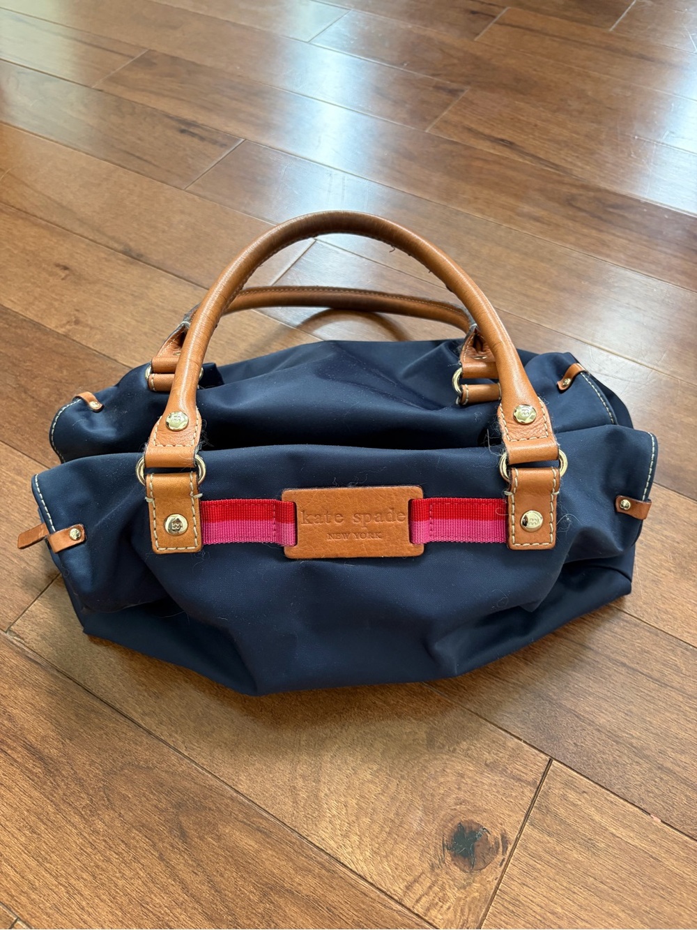 kate spade Navy Nylon Satchel with Tan Leather Handles and Pink-Red Webbing